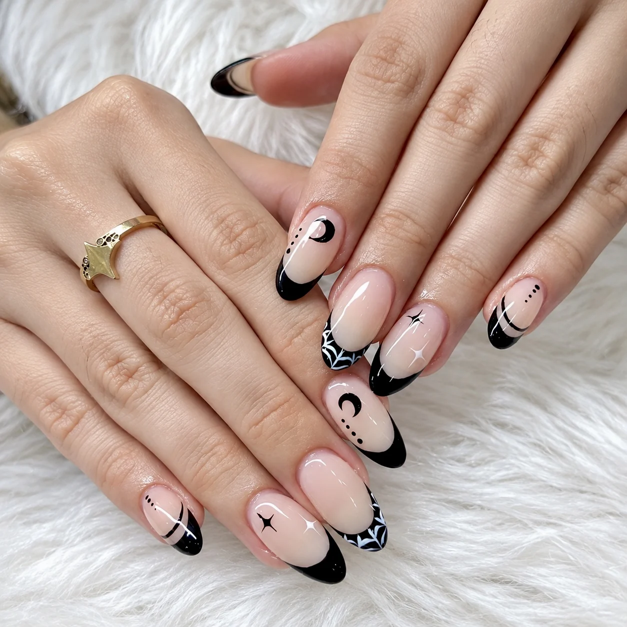 Halloween black French tip nails with moons, stars and spider webs, AyuriNails Beauty Lounge Makati
